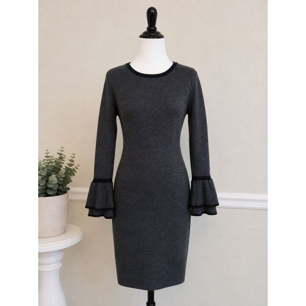 BCX Dress Women’s Medium Gray Knit Bell Sleeve Tie Back Sweater Dress